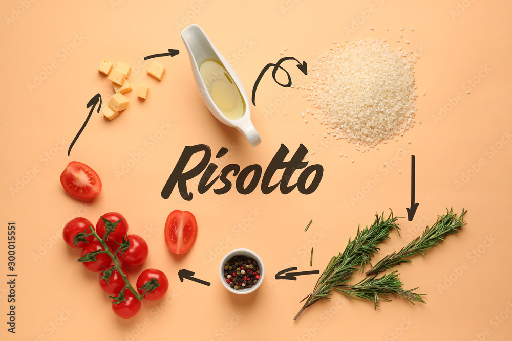 Raw ingredients for risotto on color background