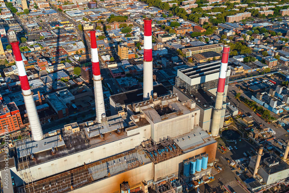 Aerial view of a power plant station in New York City