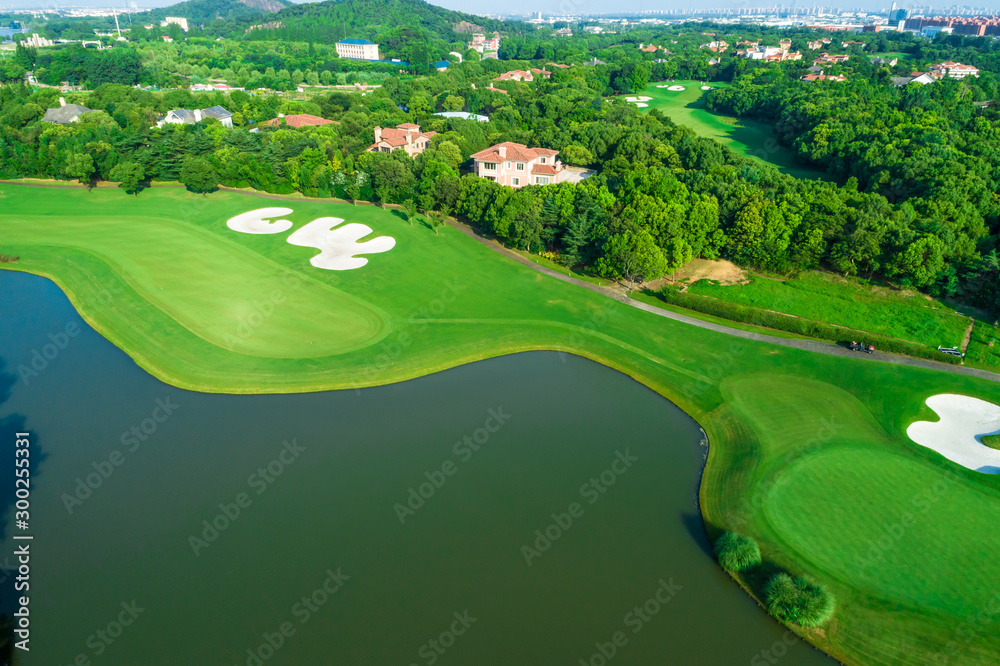 Aerial view of a beautiful green golf course.high angle view.