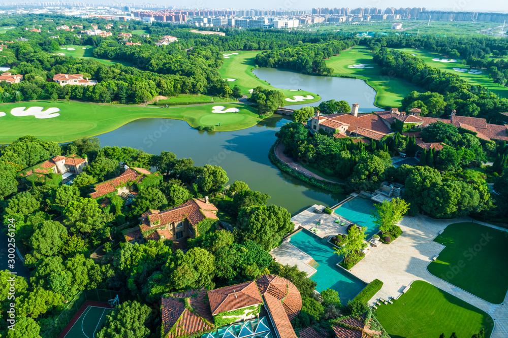 Aerial view of a beautiful green golf course.high angle view.