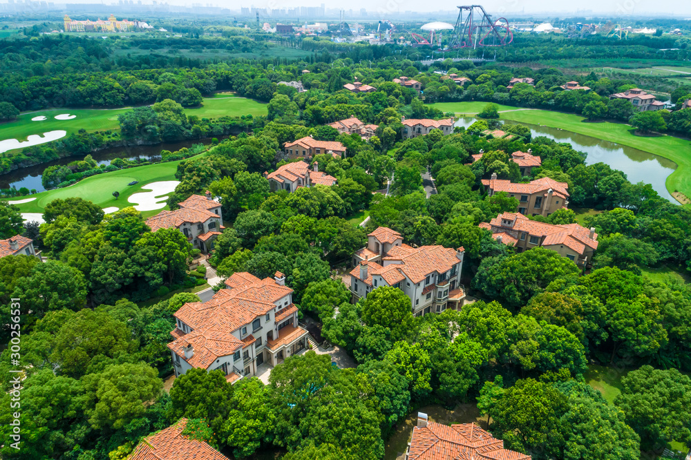 Aerial view of a beautiful green golf course.high angle view.