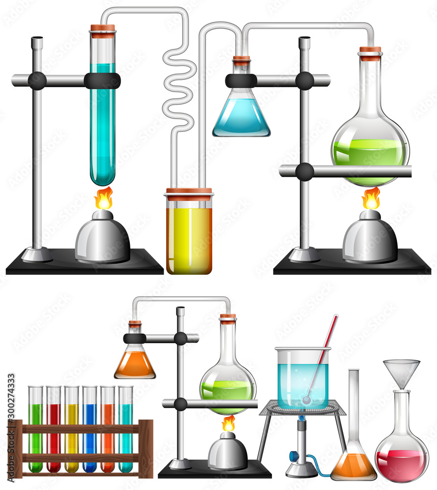 Set of science equipments on white background