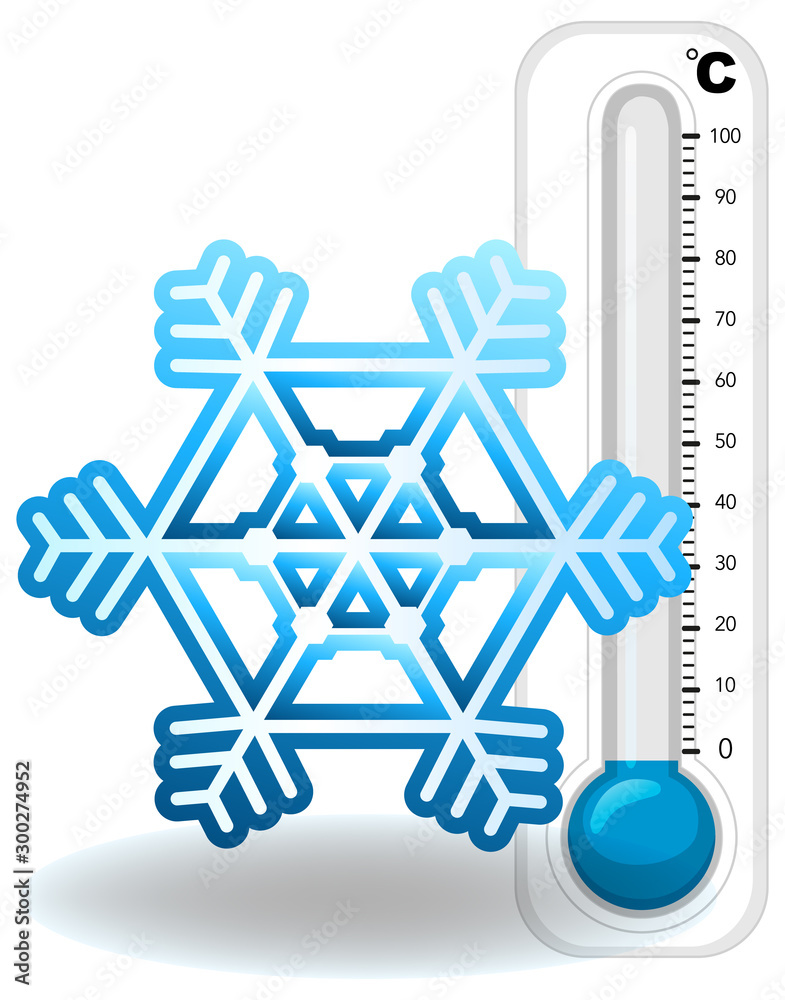 白色背景上的温度计和雪花