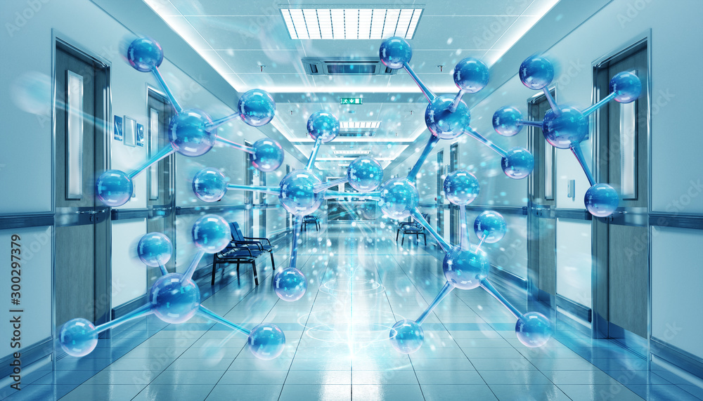 Hospital blue corridor with digital molecules floating in dots connections 3D rendering