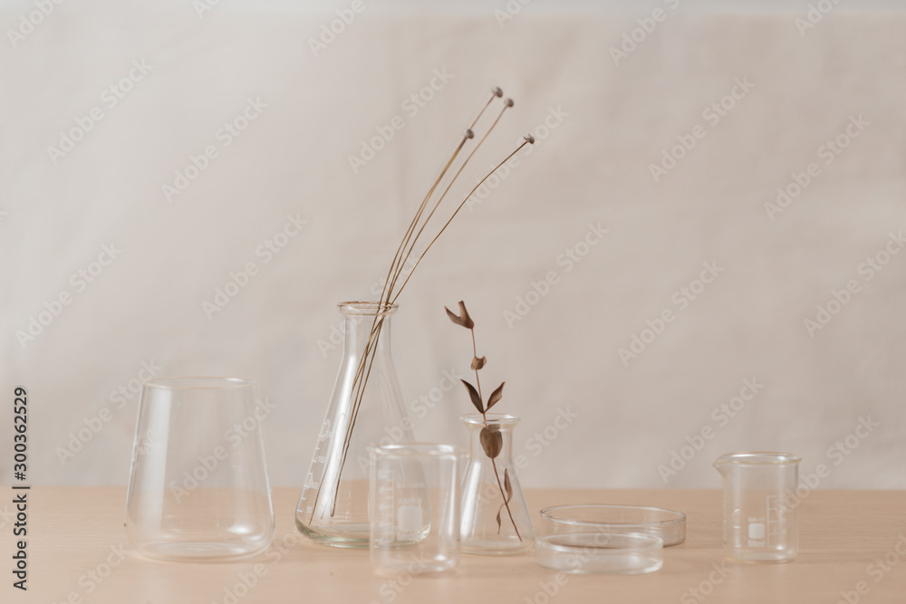 Glass flask with flowers on table in laboratory