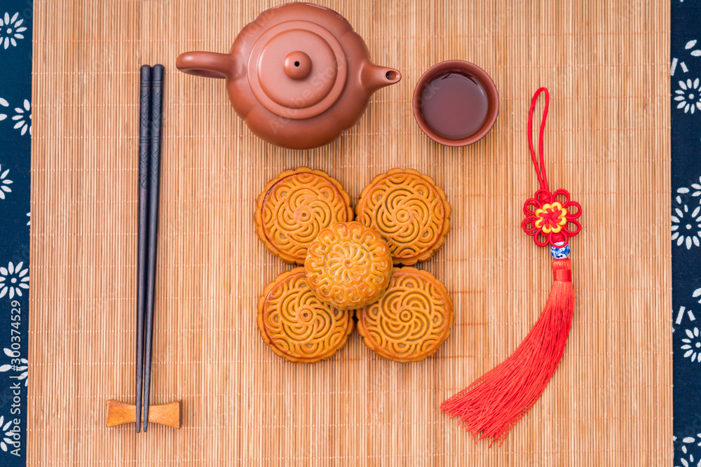 Chinese Mid-Autumn Festival gourmet bean paste moon cakes placed in a tray