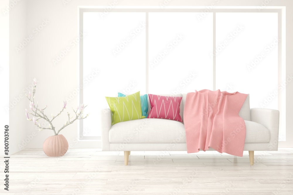 Stylish room in white color with colorful sofa. Scandinavian interior design. 3D illustration