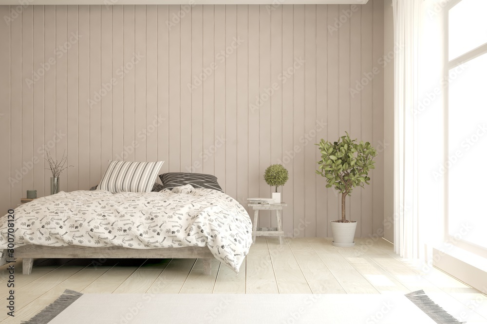 Stylish bedroom in white color. Scandinavian interior design. 3D illustration