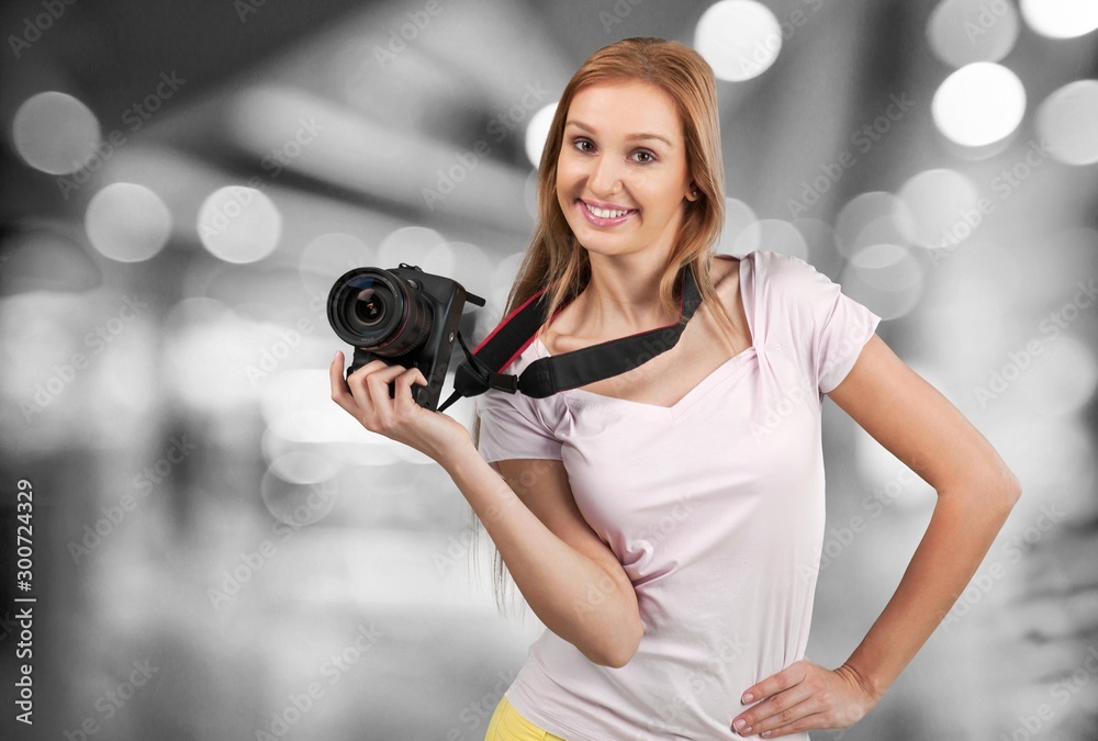 Male Photographer with Camera on  background