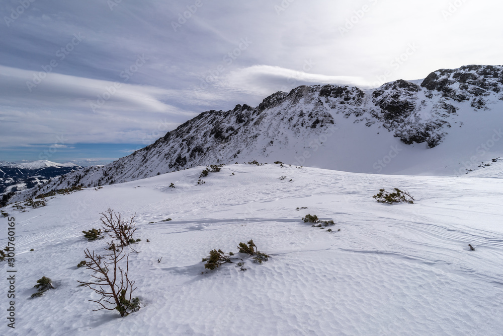 Niedere Tauern美丽的冬季高山景观。高山景观被雪覆盖，嗨