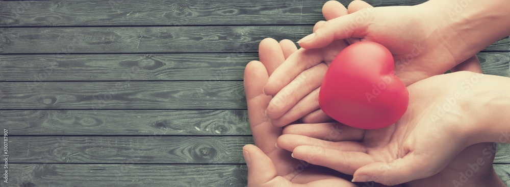 adult and child hands holiding red heart, heart health and donation concept