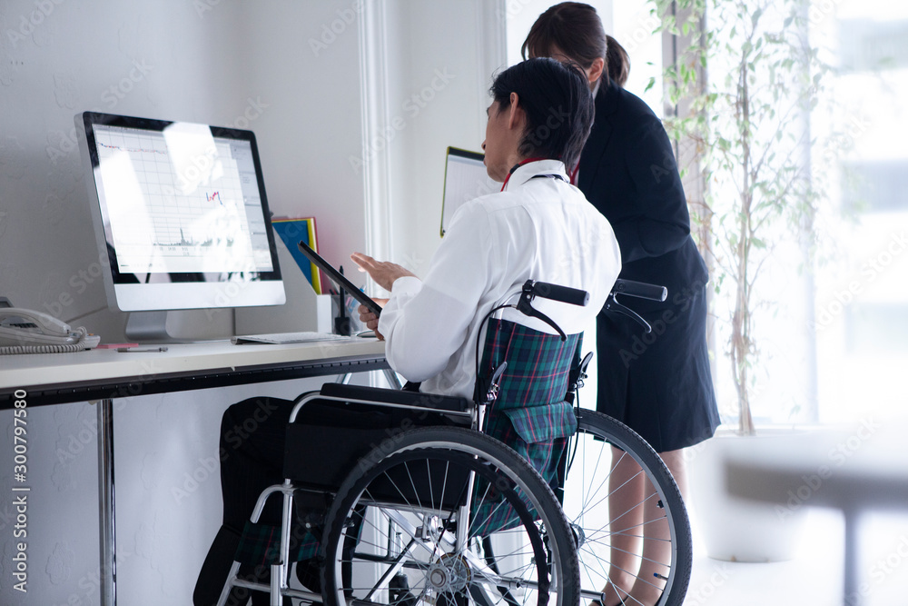 仕事の打ち合わせをする車椅子の社員と女性