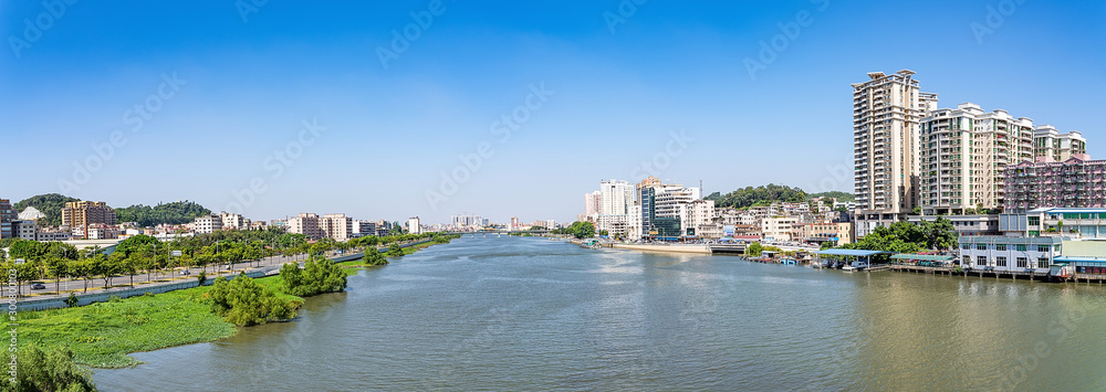 广东省东莞市虎门镇珠江太平水道及城市景观全景