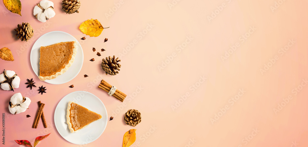 Autumn theme with pumpkin pies - overhead view