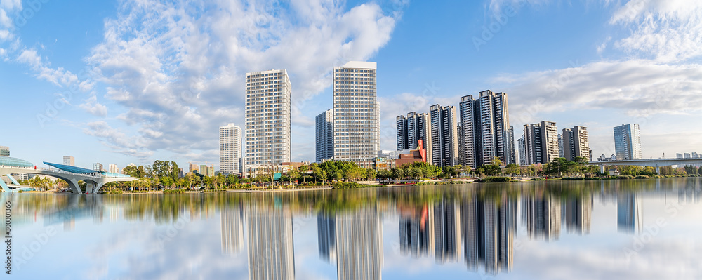 中国广州南沙区蕉门河滨江风光全景