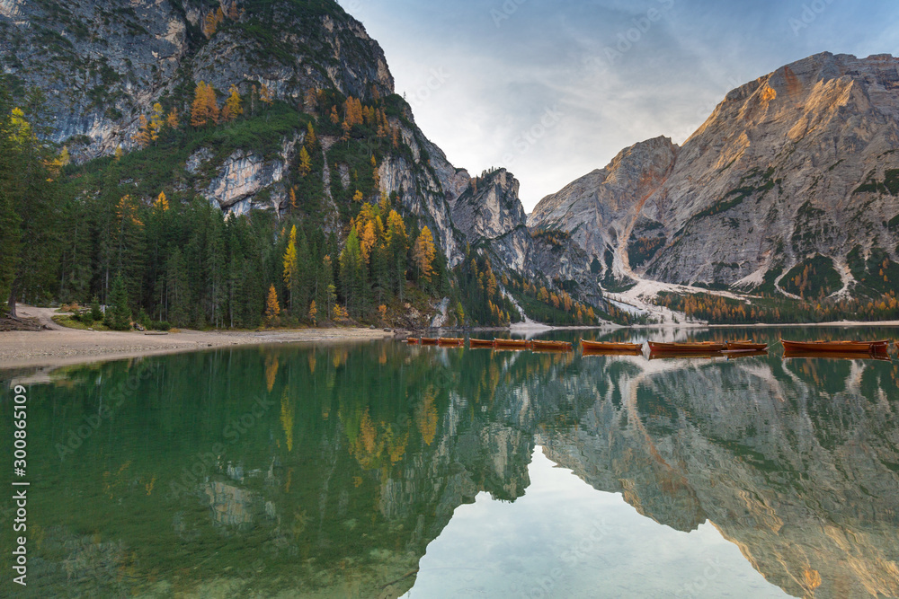 Lago di Braies lake and Seekofel peak, Dolomites. Italy