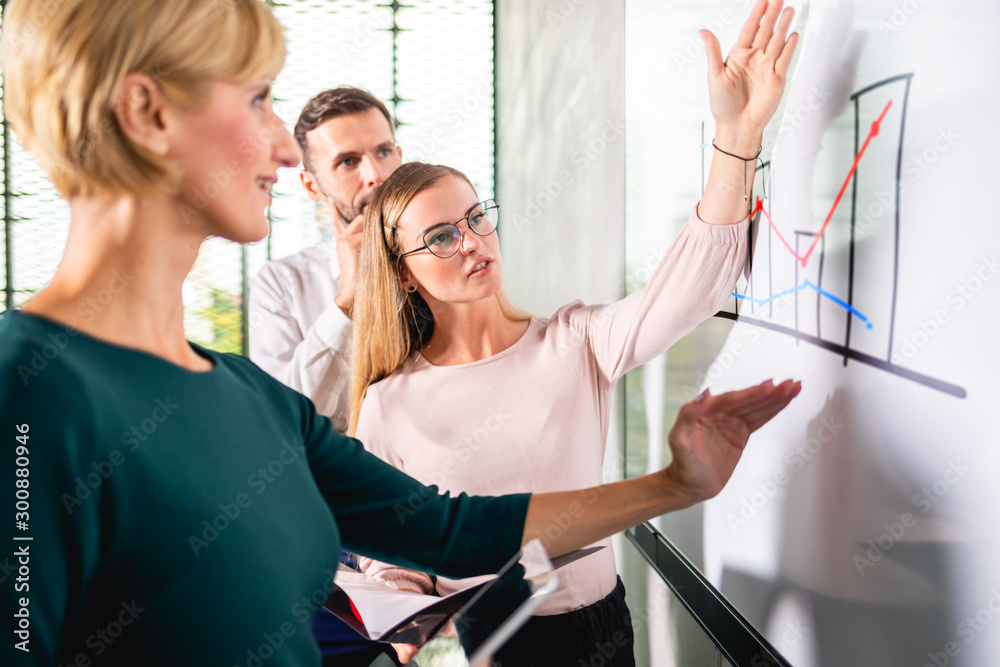 Business people in front of white board gives presentation report at conference room