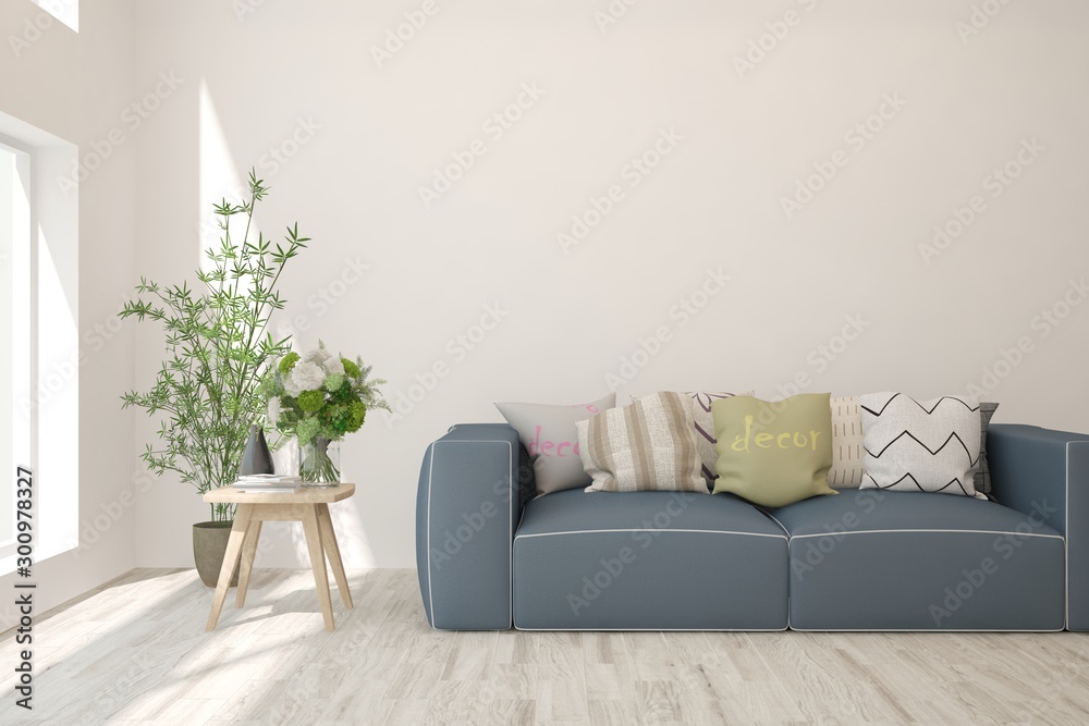 Stylish room in white color with sofa. Scandinavian interior design. 3D illustration