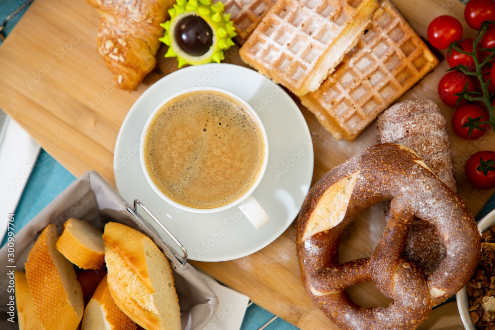 Breakfast served  in the morning with coffee, orange juice, croissants, cereals and fruits. Balanced