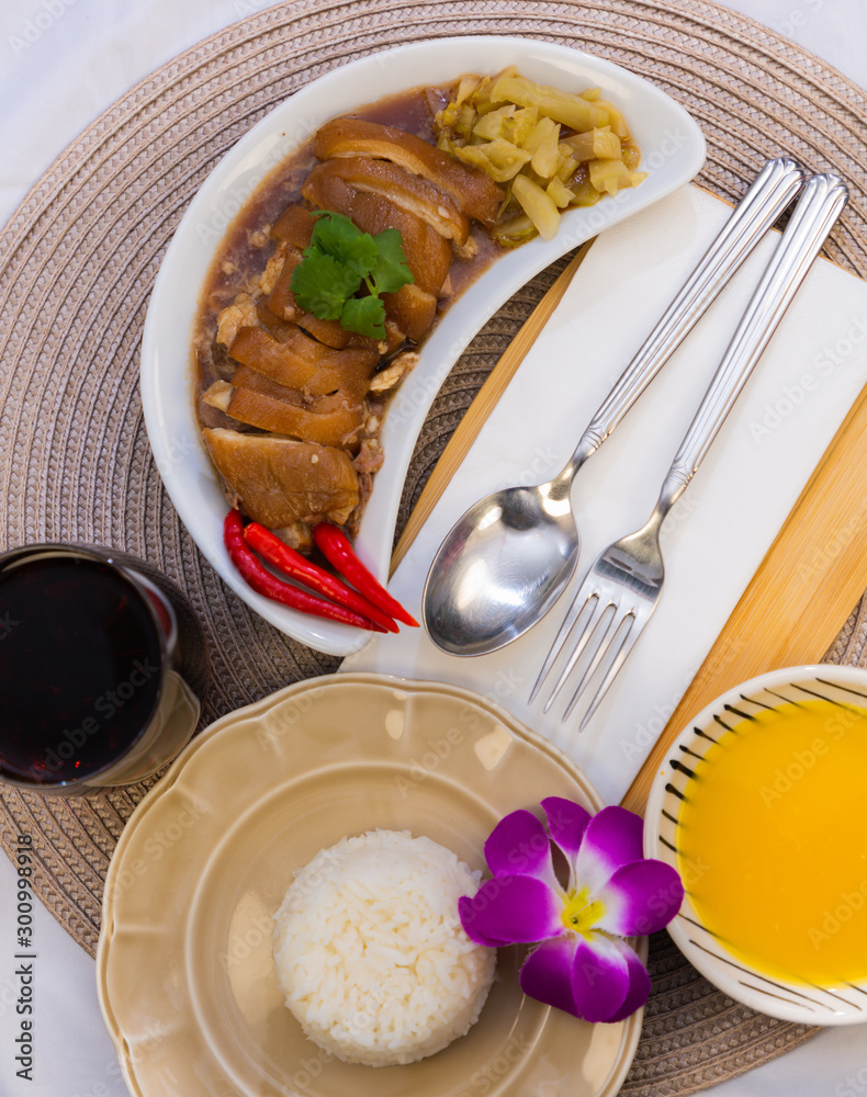 Thai food is Stewed pork leg with rice culture Thai delicious meal for dinner  in the restaurant