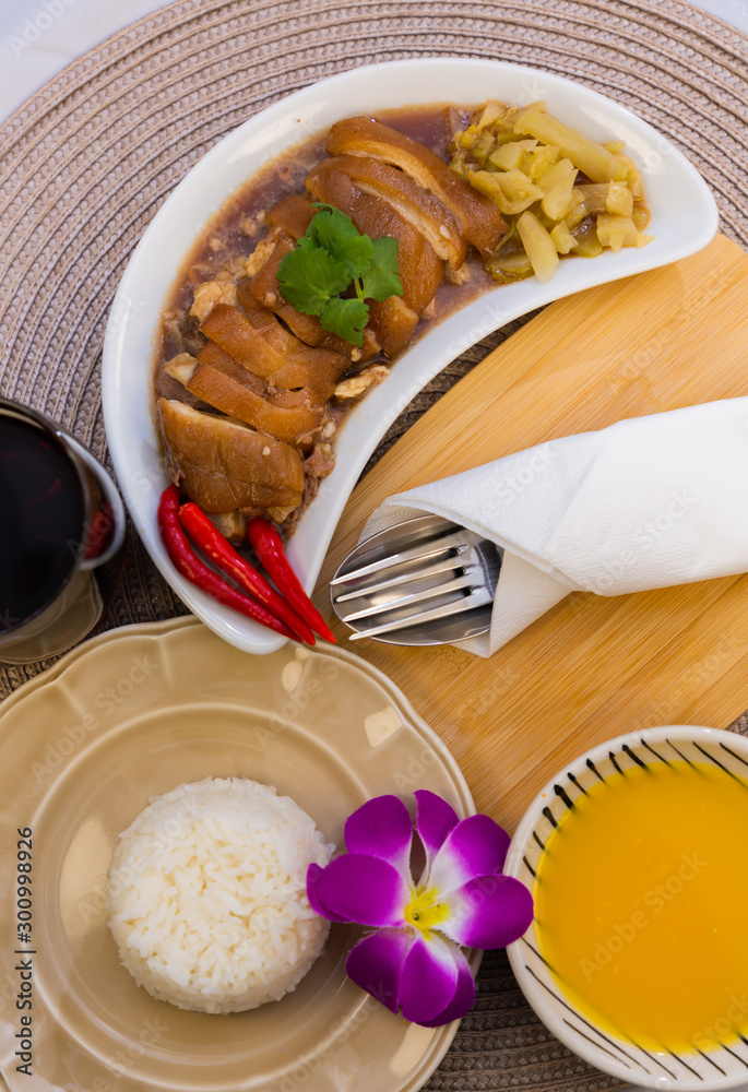 Thai food is Stewed pork leg with rice culture Thai delicious meal for dinner  in the restaurant