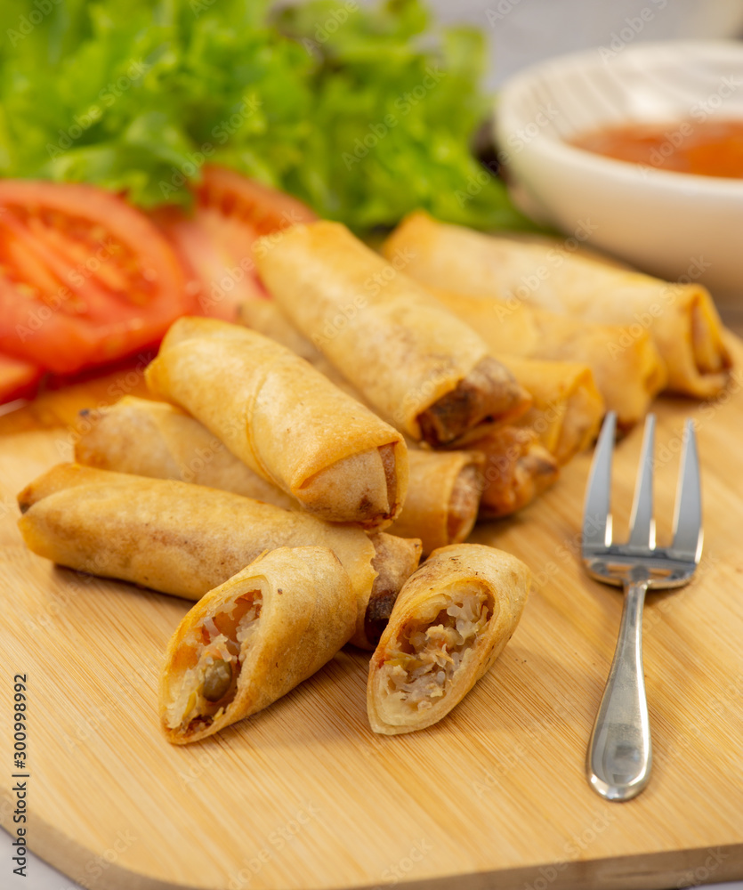 Thai food is spring rolls Thai style on salad background 