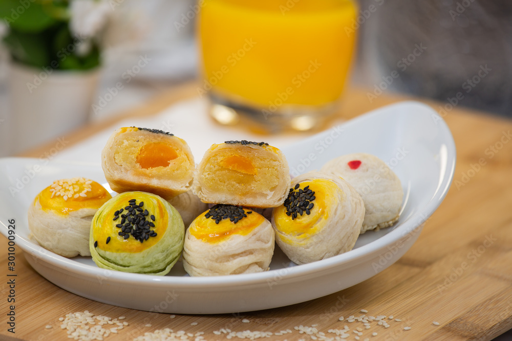 Dessert Mochi or Chinese pastry-bean cake with egg yolk.