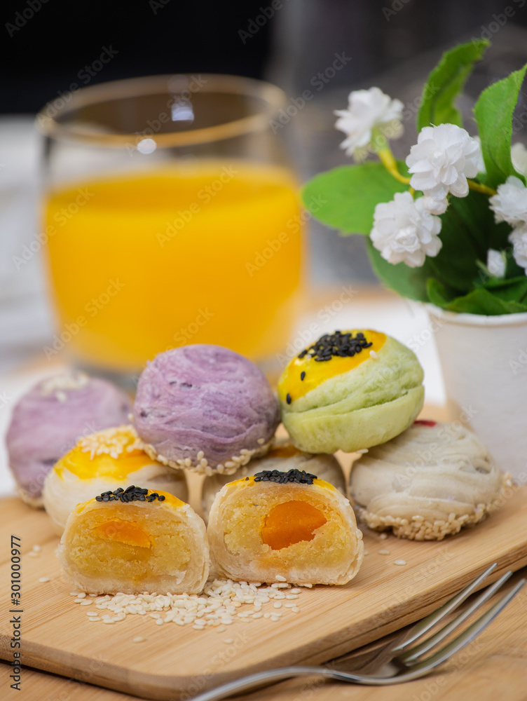 Dessert Mochi or Chinese pastry-bean cake with egg yolk.