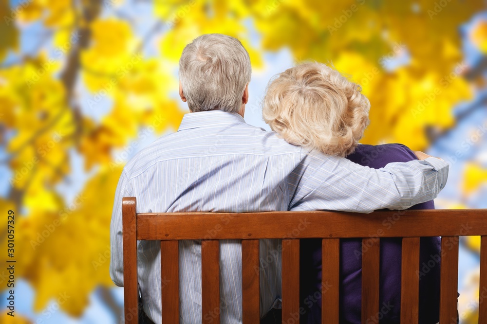 Portrait of happy senior couple in green blurred park background, bokeh