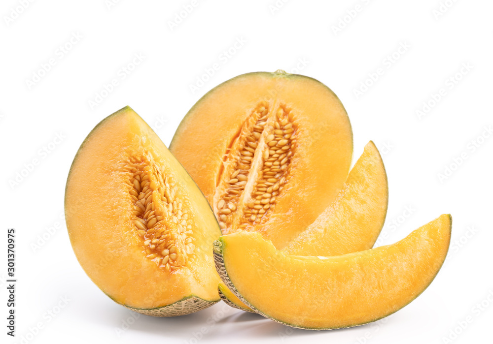 Beautiful tasty sliced juicy cantaloupe melon, muskmelon, rock melon isolated on white background, c