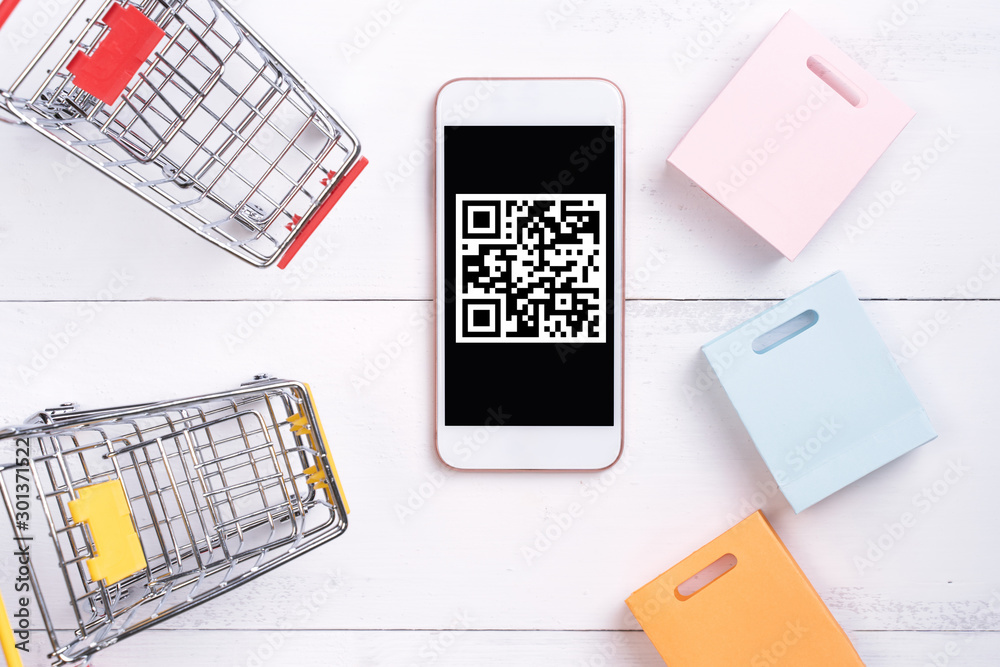 Abstract online shopping, mobile payment with QR code design concept element, colorful cart, paper b