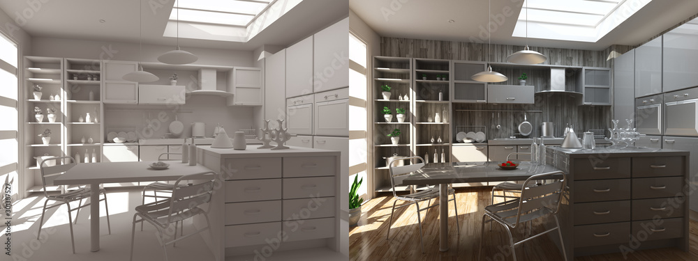 Residential interior of modern kitchen in luxury mansion, 3d rendering