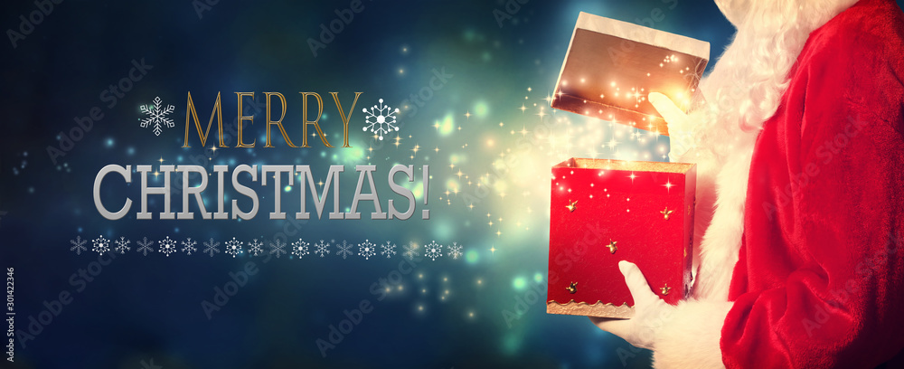 Merry Christmas message with Santa opening a gift box on a shiny light background