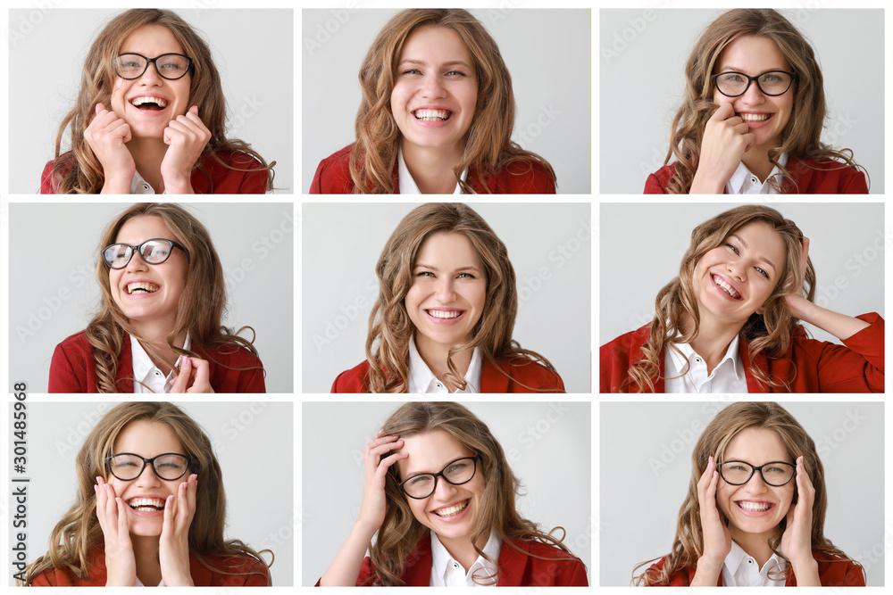 Collage with happy young woman on color background