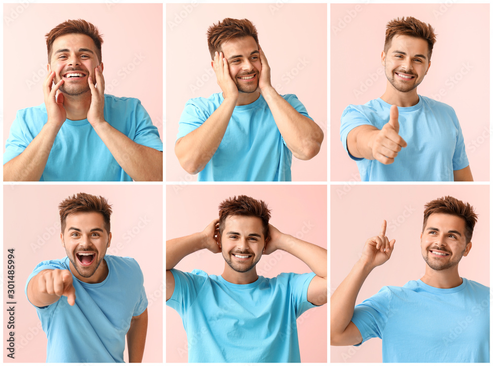 Collage with happy young man on color background