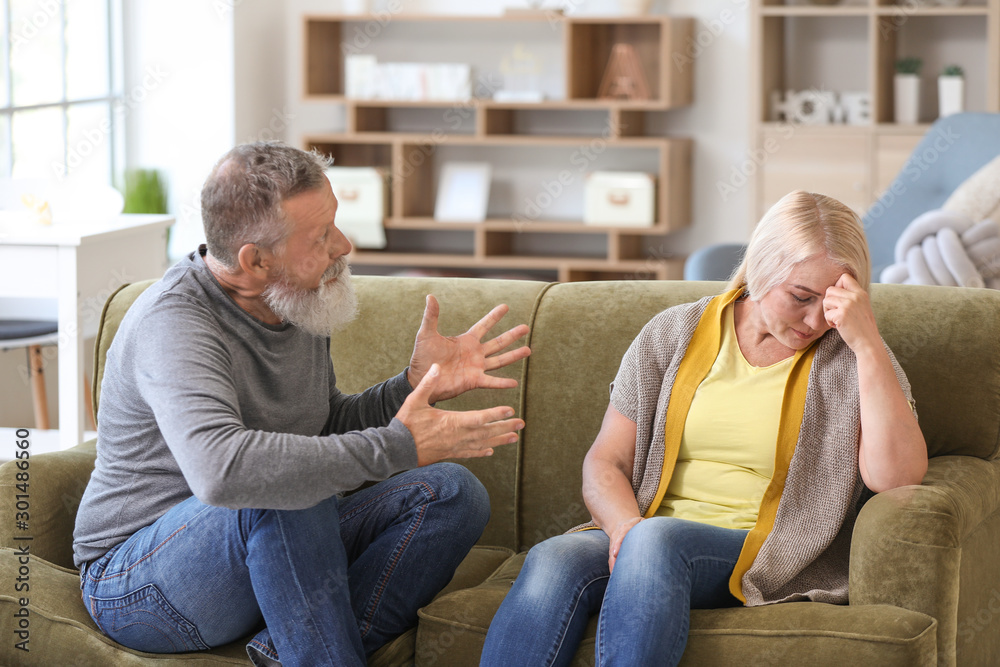 Angry mature couple having arguments at home