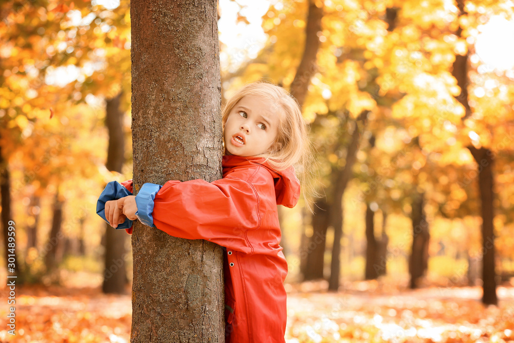 Cute little girl near tree in autumn park