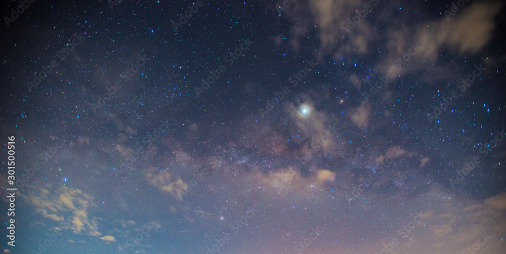 全景蓝色夜空，银河系和黑暗背景下的恒星。宇宙充满，星云和星系智慧