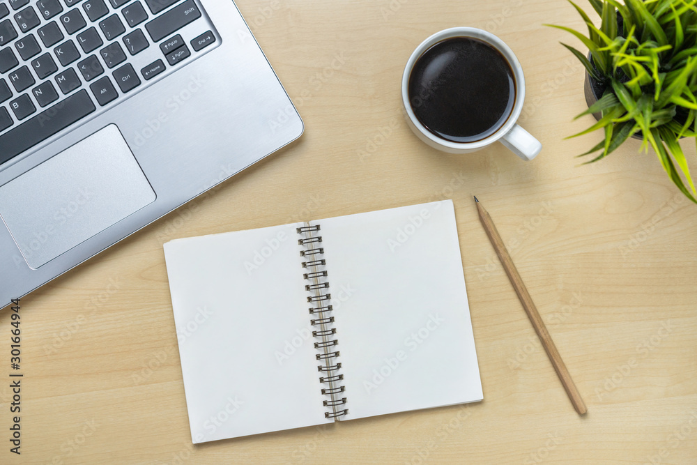 Office desk workspace and table background from top view above flat lay objects. Modern minimal desi