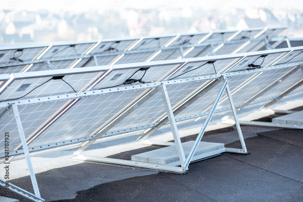 Backside of solar panels on photovoltaic power plant