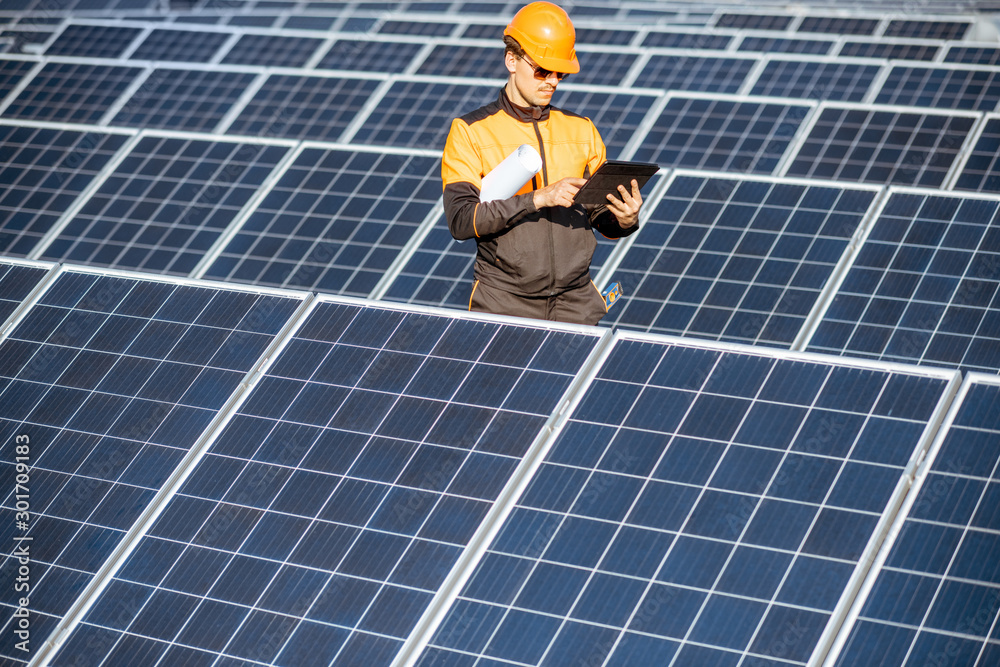 Engineer in protective workwear carrying out service of solar panels with digital tablet on a photov