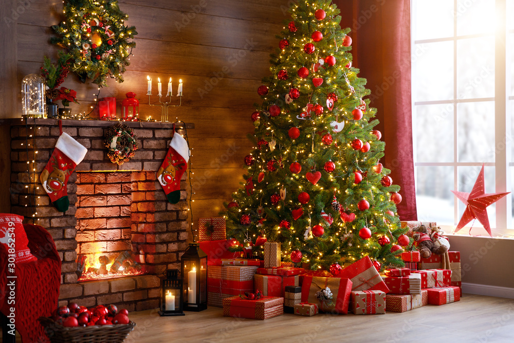 interior christmas. magic glowing tree, fireplace, gifts  .