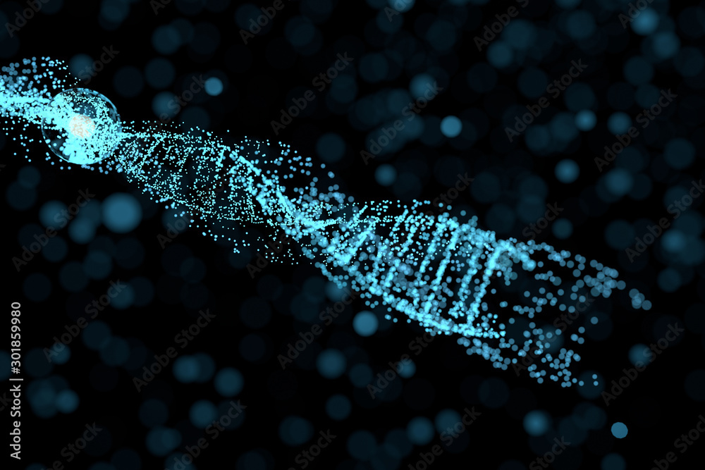 DNA particles and diffused glowing lines, 3d rendering.