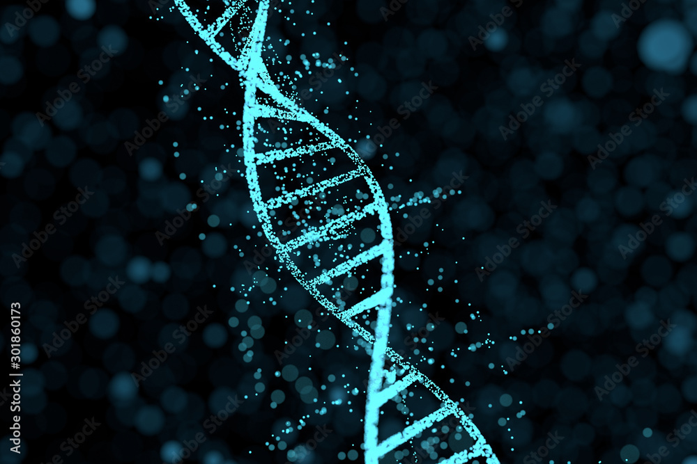 DNA particles and diffused glowing lines, 3d rendering.