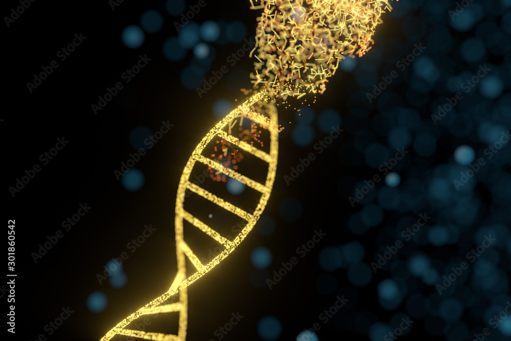 DNA粒子和散射发光线，三维渲染。