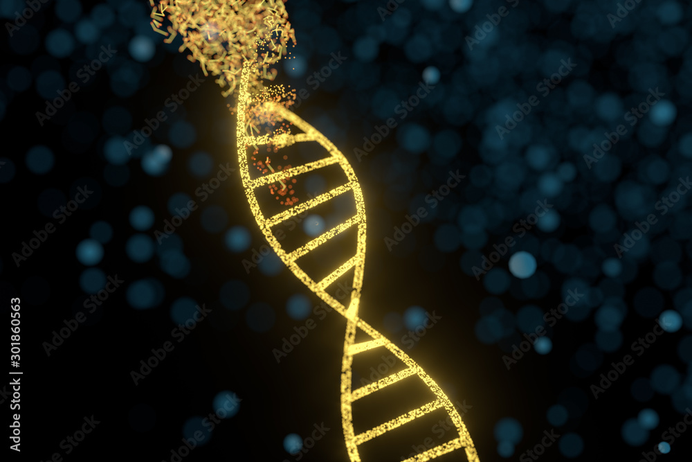 DNA粒子和漫射发光线，三维渲染。