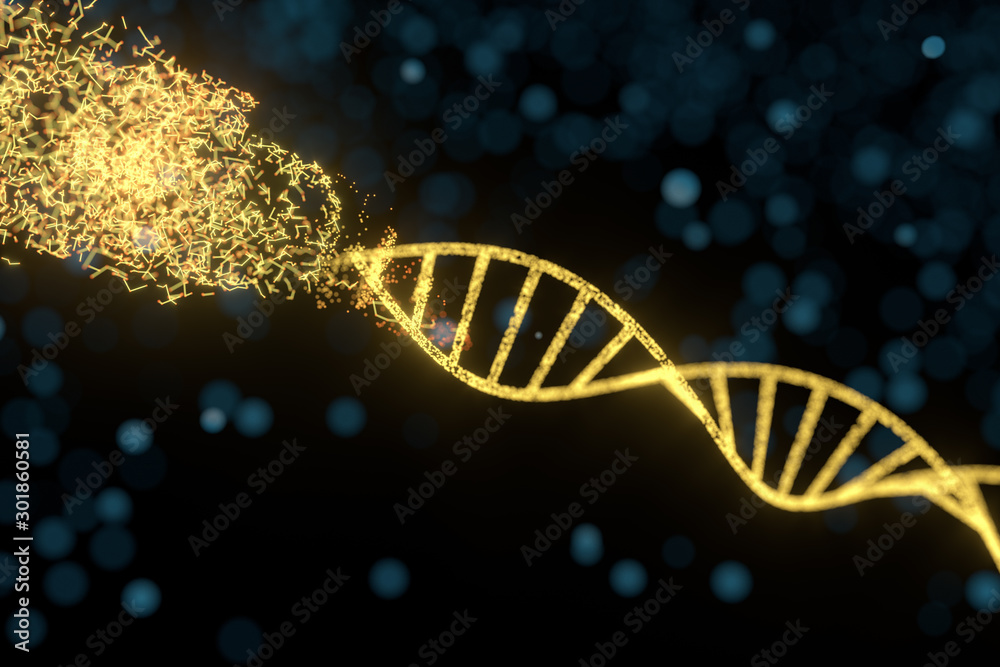 DNA粒子和漫射发光线，三维渲染。