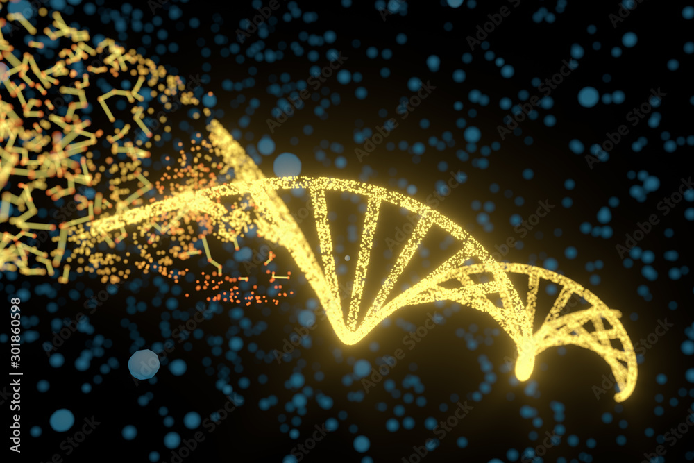 DNA粒子和漫射发光线，三维渲染。