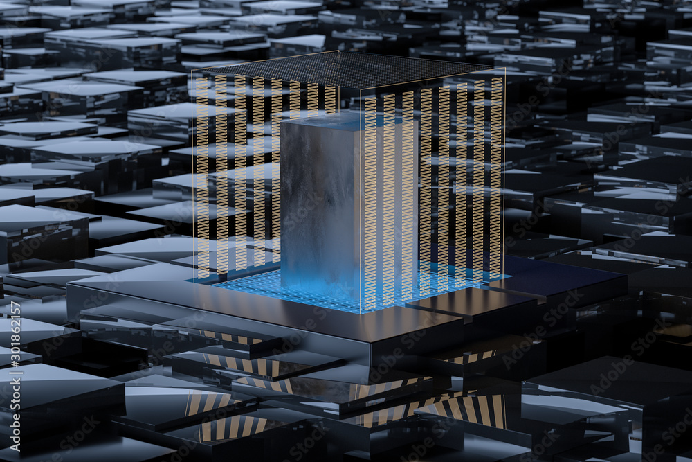 Blue and golden cube with glass material, 3d rendering.