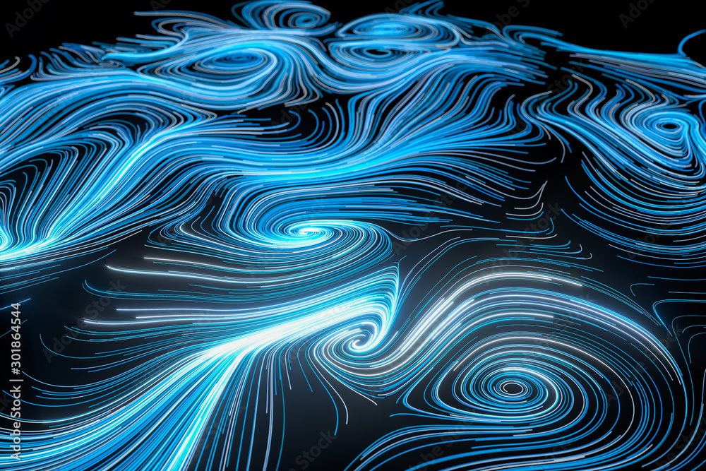 Vortical line pattern, glowing particles trails, 3d rendering.